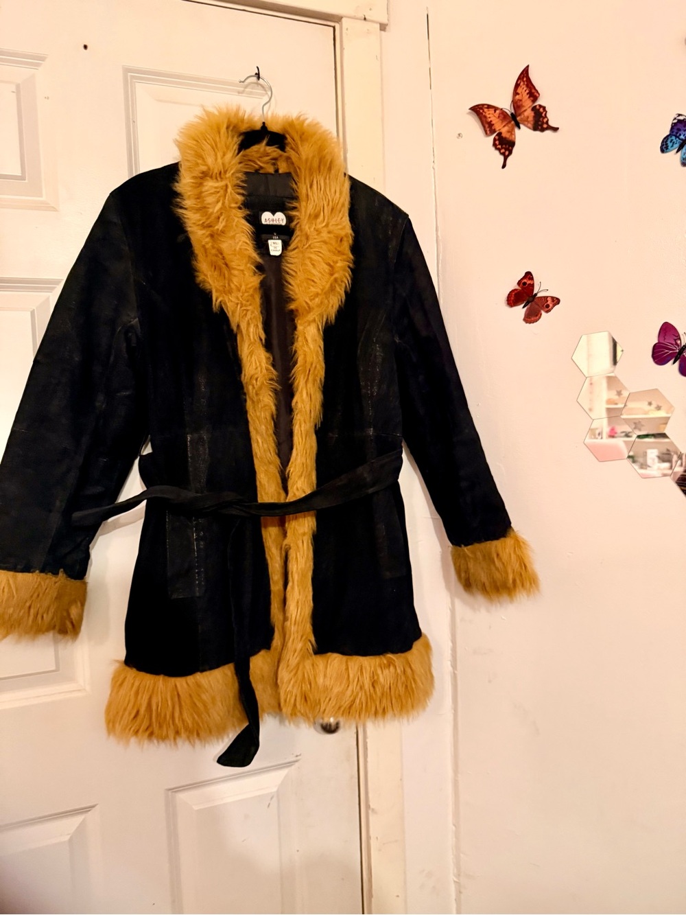 Vintage Women’s Black Suede Coat with Gold Faux Fur Trim